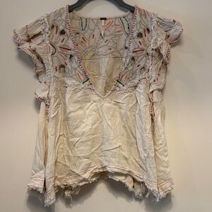 Free People Cream Embroidered Blouse